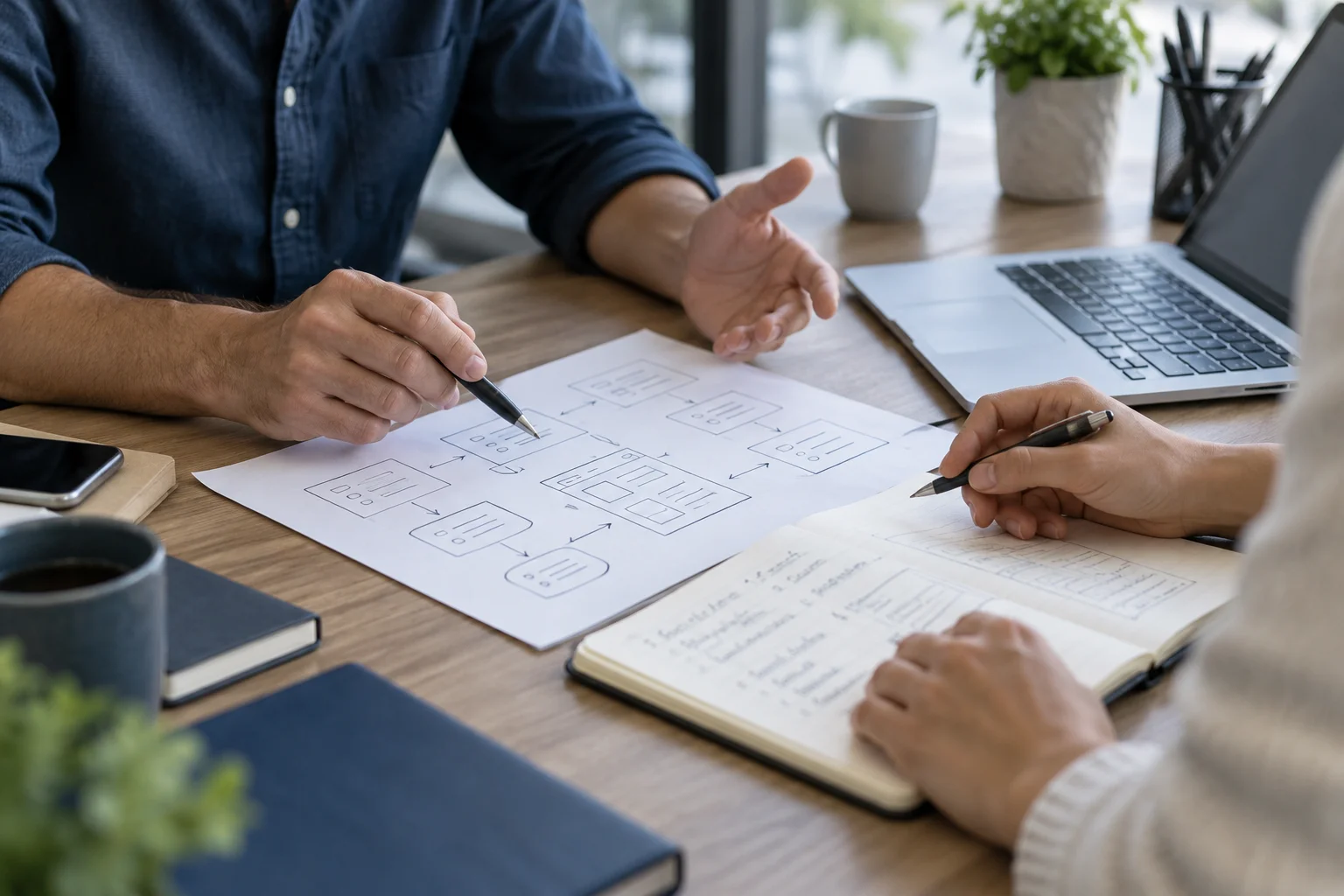Hands comparing planning notes during a software meeting