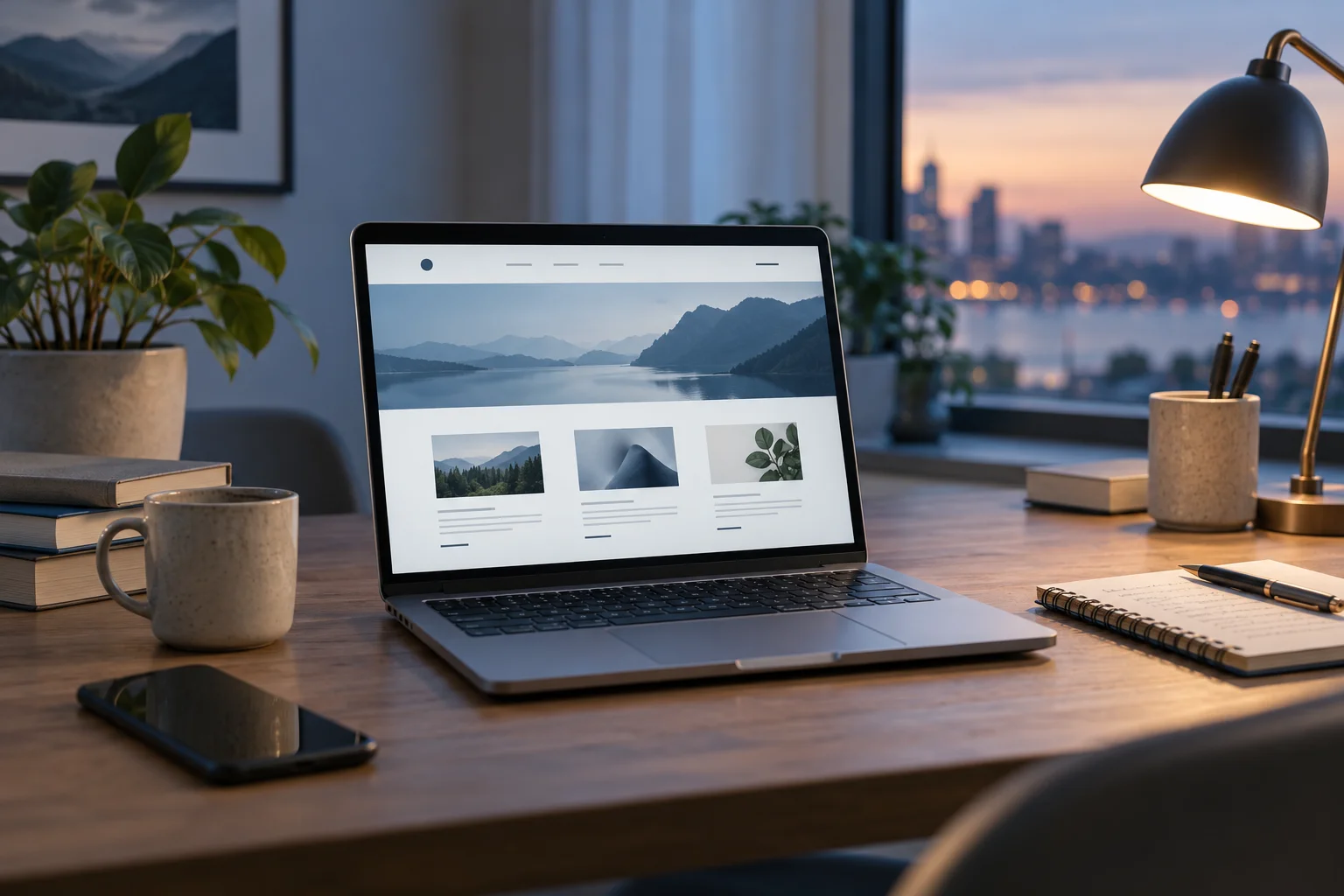 Website displayed on a laptop with a phone and notebook