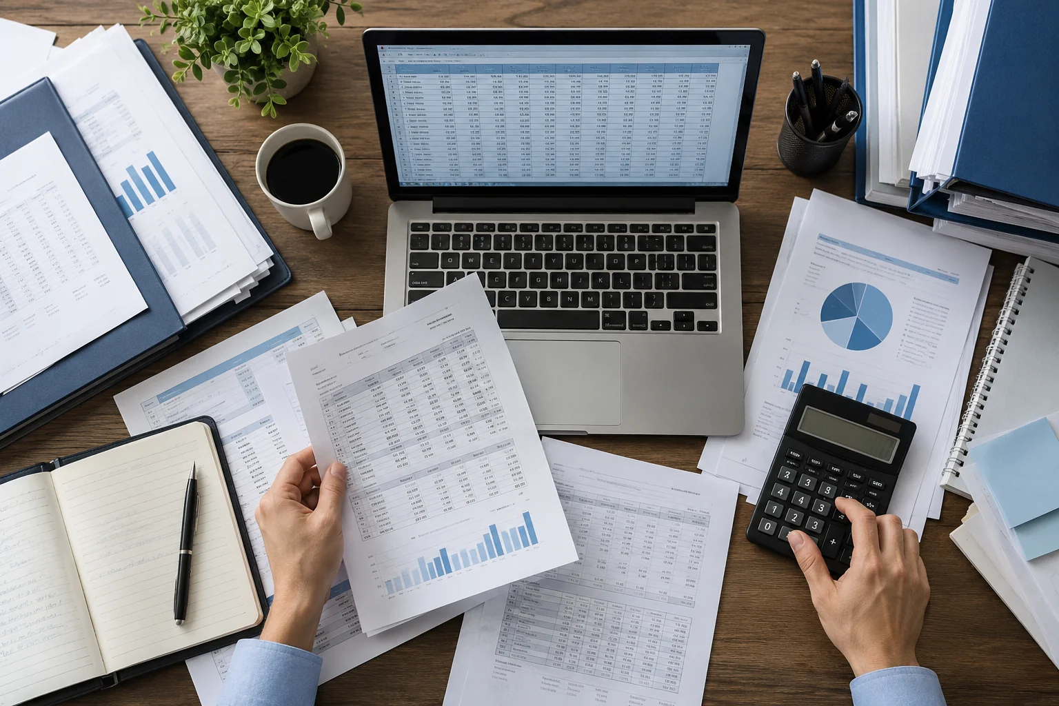 Paper records and laptop on an administrative desk