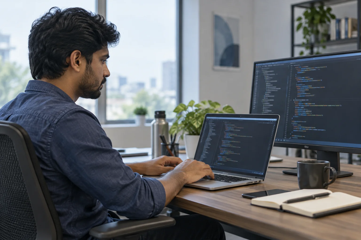 Developer working with a laptop and monitor