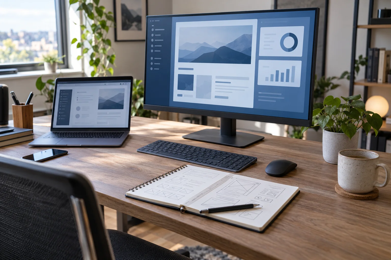 Digital design workspace with laptop, monitor and wireframe notes