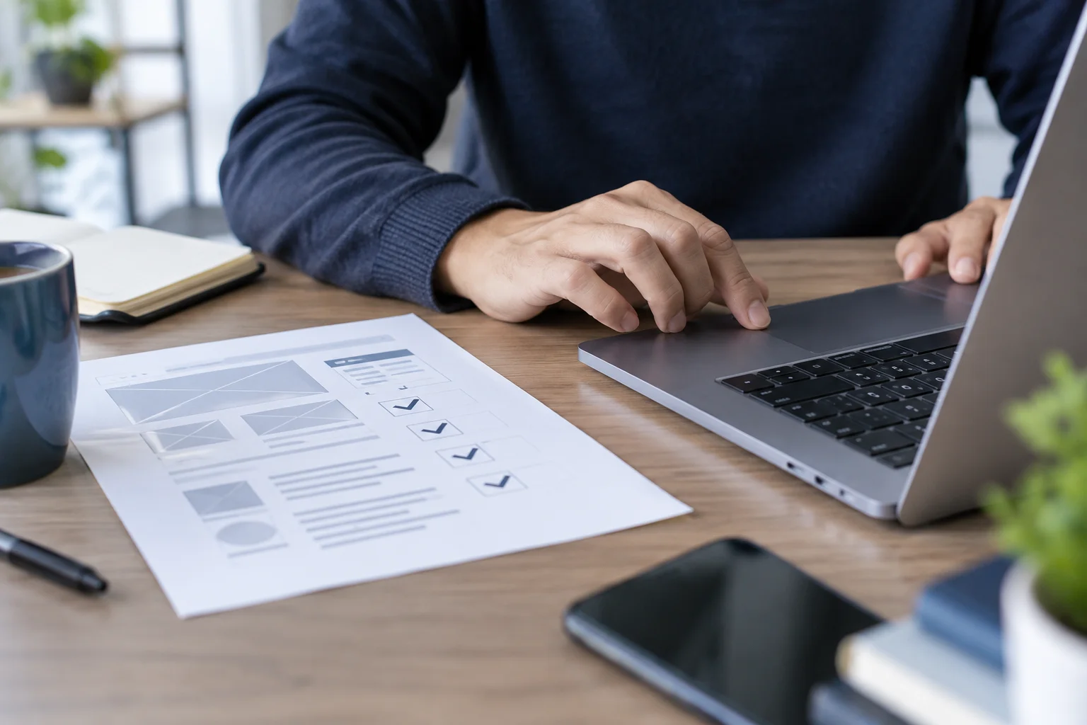 Hands reviewing a website with a printed checklist