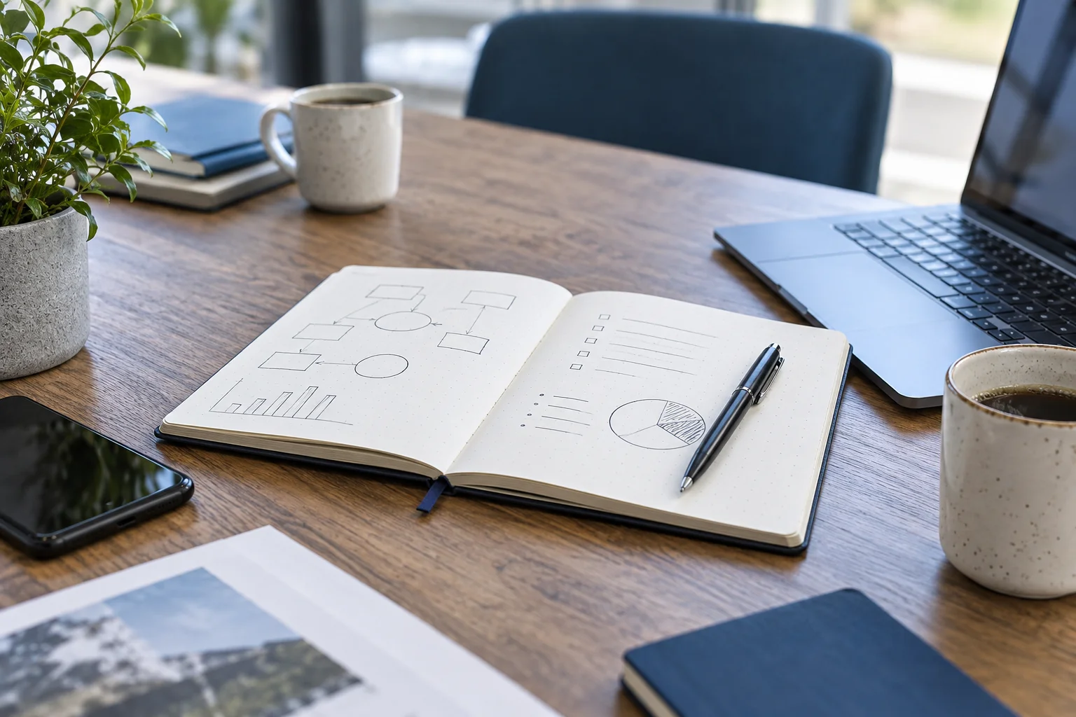 Project planning notebook and laptop before a meeting