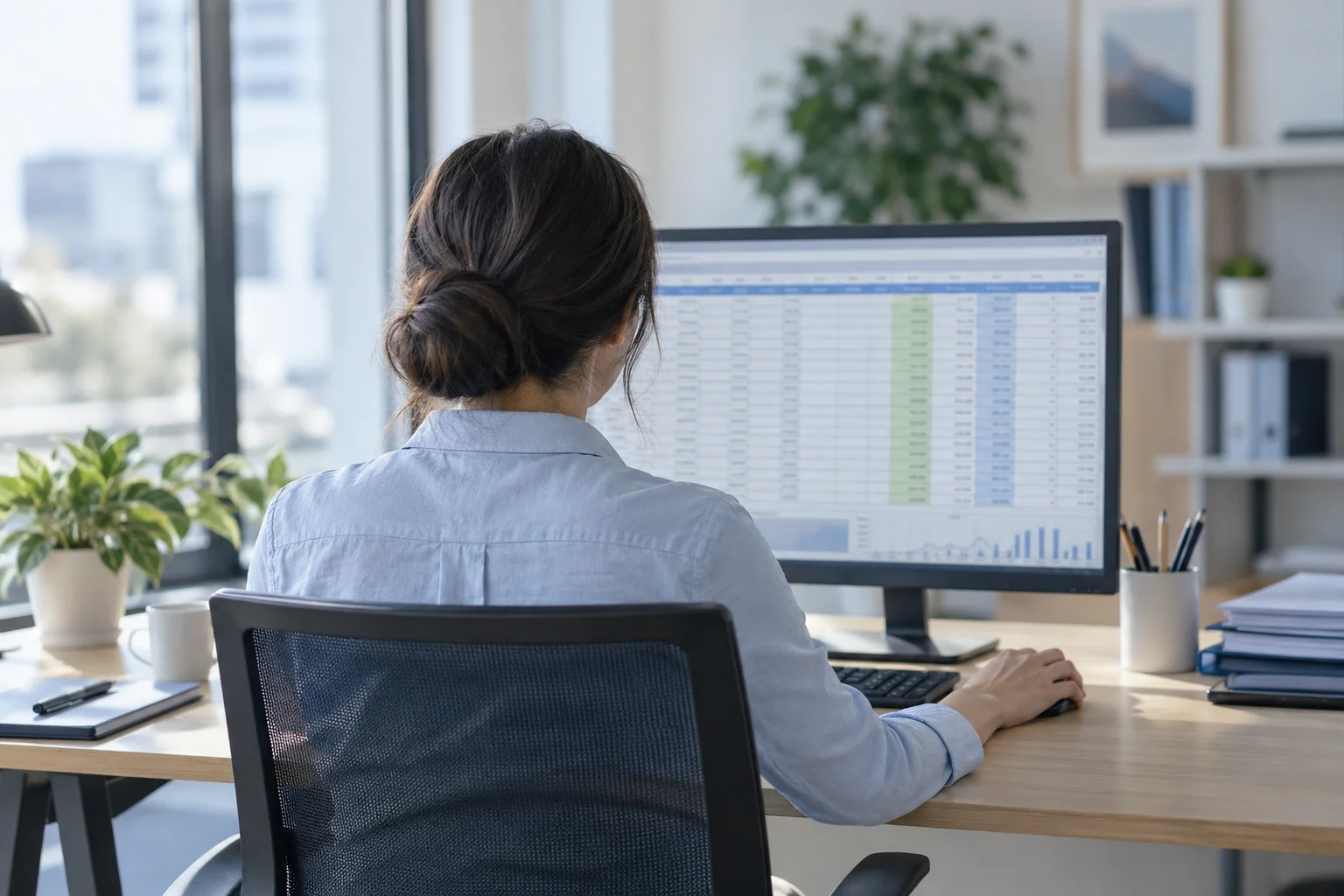 Analyst reviewing a spreadsheet on a monitor