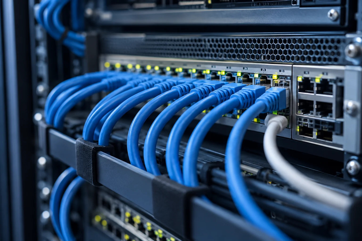 Close-up of network connections in server equipment