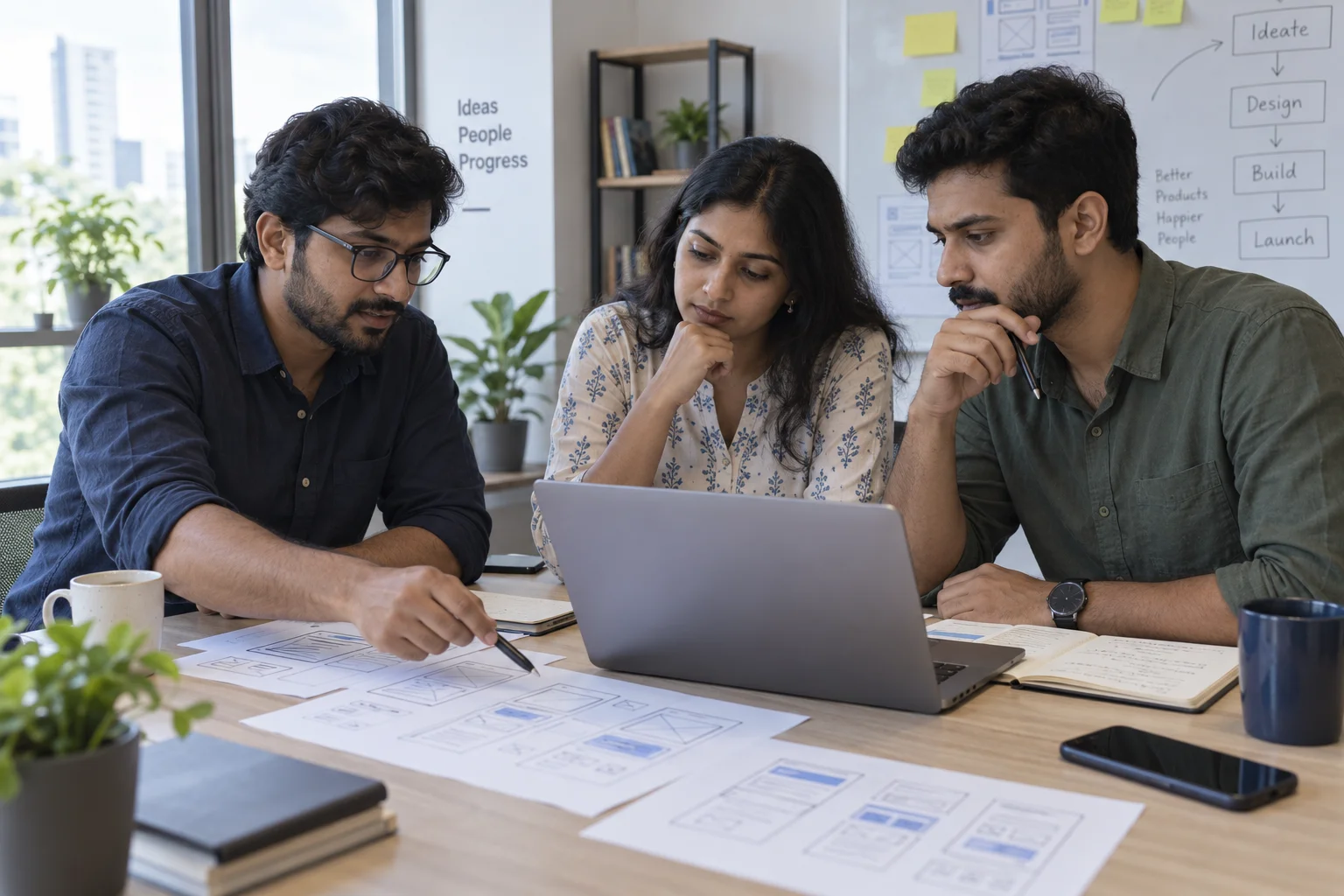 Professionals discussing software plans around a laptop