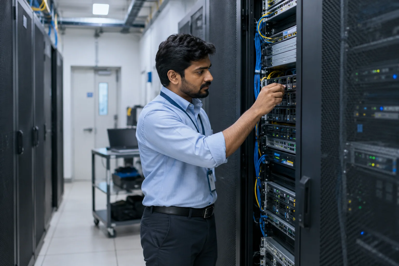 Technician inspecting equipment in a server room