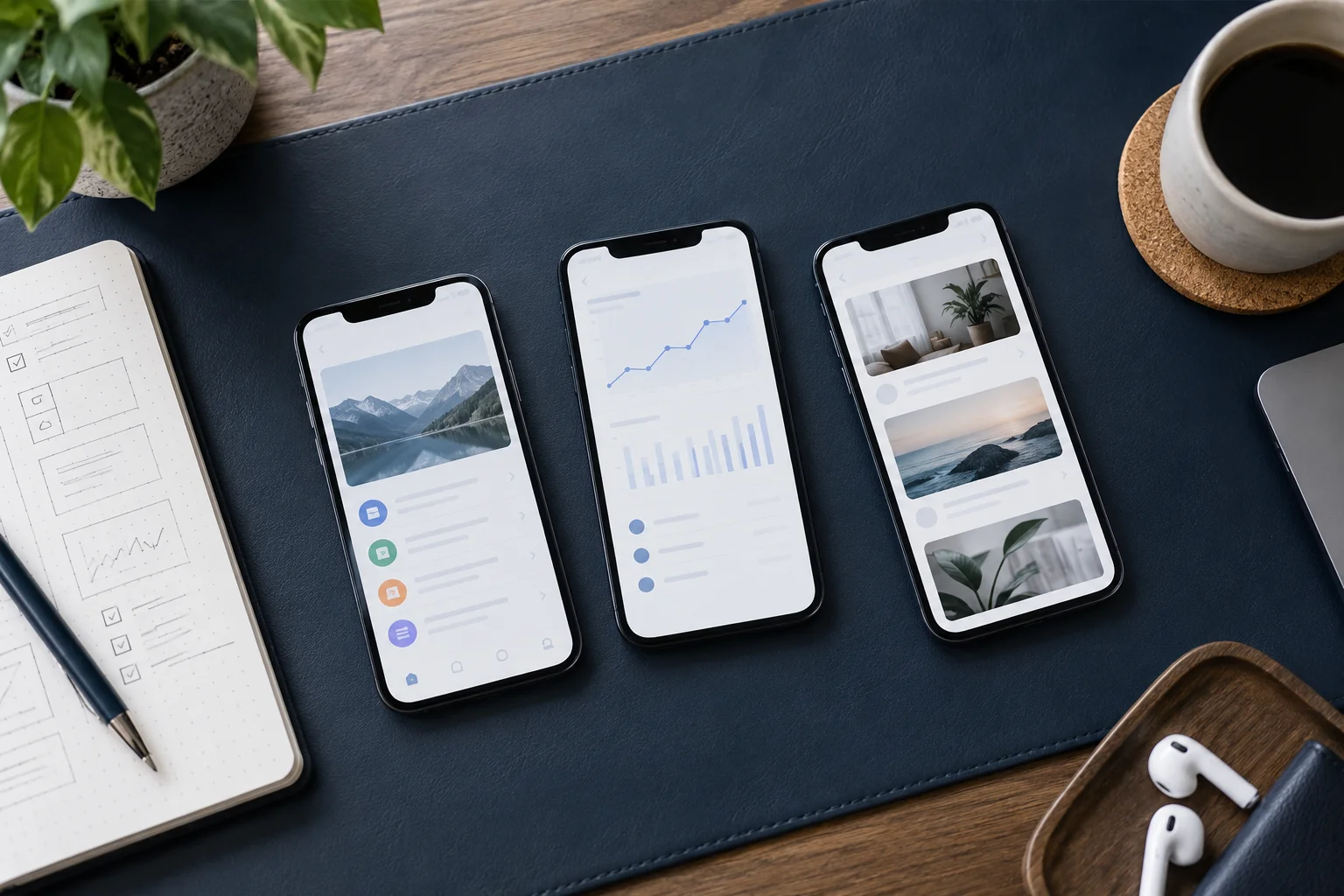 Smartphones displaying different app interface screens