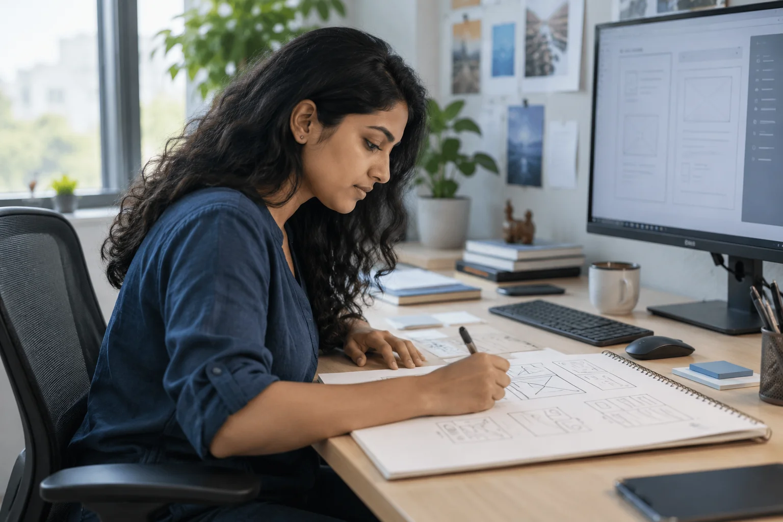 Product designer sketching user interface wireframes