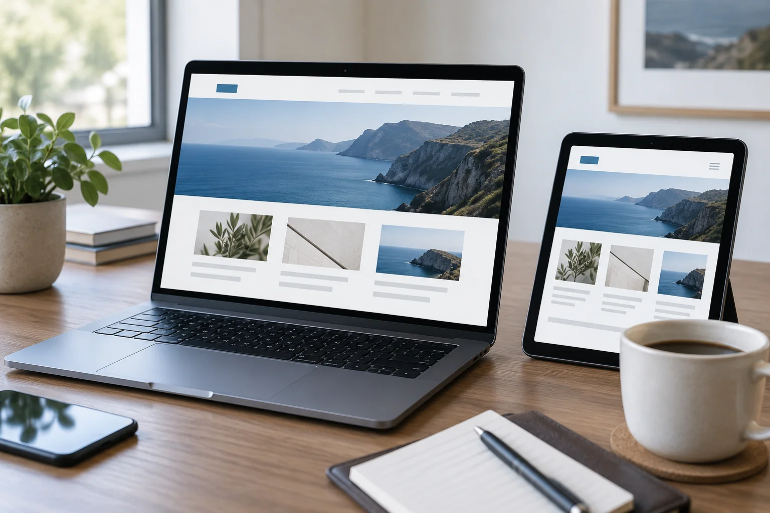 Responsive website layouts displayed on a laptop and tablet